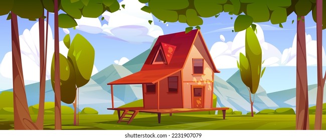 Cottage on green field at mountain valley landscape. Wooden house on stilts on summer meadow with trees under blue sky with clouds at sunny day. Home with terrace on piles, cartoon vector illustration