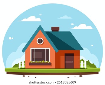Cottage on greenfield. Countryside cozy cottage with a white fence. Green field with bushes. Rural landscape. Vector graphics