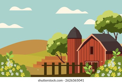 Cabaña en el fondo del paisaje de la colina