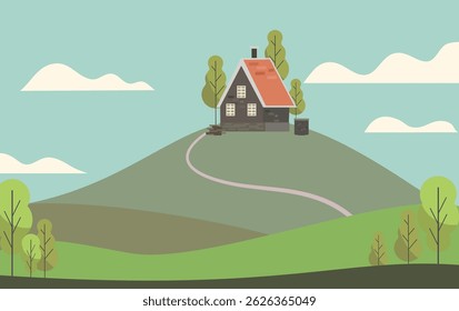 Cottage on the hill landscape background