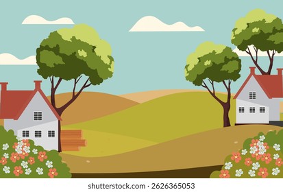 Cottage on the hill landscape background