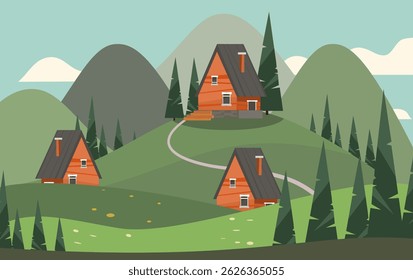 Cottage on the hill landscape background