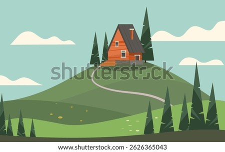 Cottage on the hill landscape background