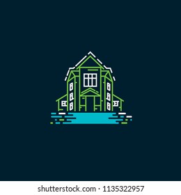 Cottage on the river vector logo icon. Building house illustration