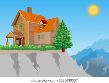 A cottage on top of the mountains. Vector illustration.