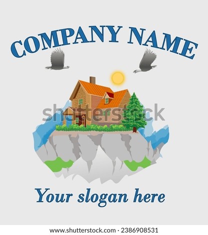 Cottage on top of the mountains. Vector illustration isolated on white background for logo and design elements.