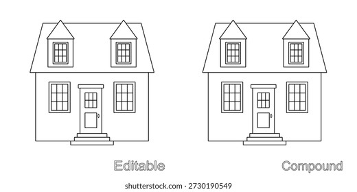 Casa de campo sobre un fondo blanco. Dibujo de contorno editable y compuesto, aislado. Icono lineal, Ilustración vectorial. Plantilla para colorear página.