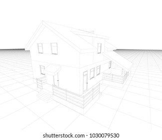 Cottage in perspective. Drawing. Vector illustration.