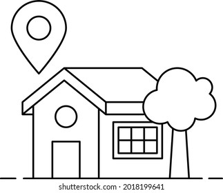 Cottage with Pin Location and Tree Concept Vector line Icon Design, urban and suburban house Symbol, Real Estate and Property Sign, Apartment and Mortgage Stock illustration