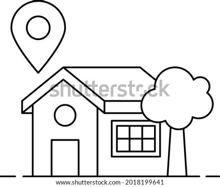 Cottage with Pin Location and Tree Concept Vector line Icon Design, urban and suburban house Symbol, Real Estate and Property Sign, Apartment and Mortgage Stock illustration