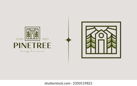 Plantilla De Logo De La Casa De Pino De Cabaña. Símbolo universal creativo premium. Ilustración vectorial. Plantilla de diseño Mínimo Creativo. Símbolo de identidad empresarial