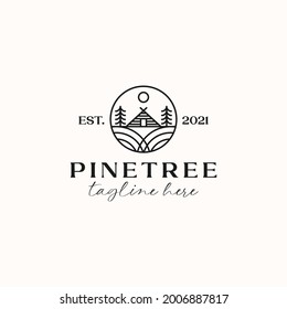 Cottage Pine Tree Logo Template Isolated in White Background. Vector Illustration