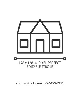 Cottage pixel perfect linear icon. Countryside home for recreation. Real estate purchase. Rural house purchase. Thin line illustration. Contour symbol. Vector outline drawing. Editable stroke