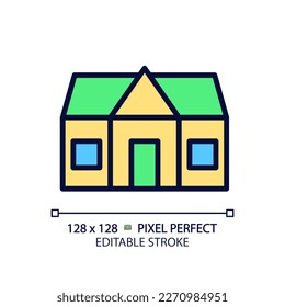 Cottage pixel perfect RGB color icon. Countryside home for recreation. Real estate purchase. Rural house purchase. Isolated vector illustration. Simple filled line drawing. Editable stroke