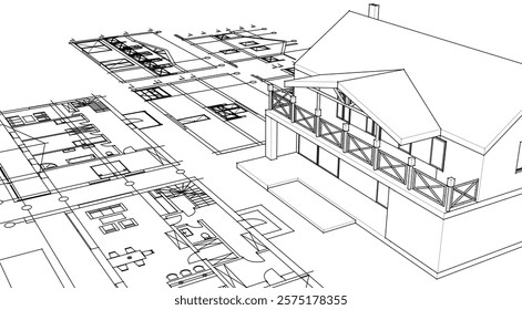 cottage planning sketch 3d illustration