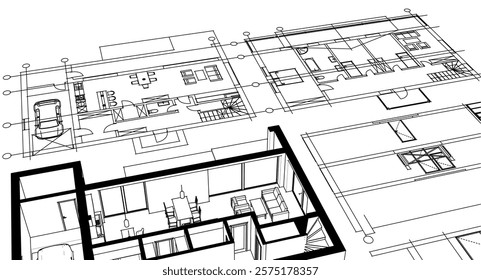 cottage planning sketch 3d illustration