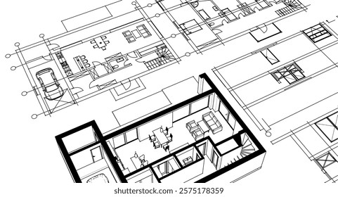 cottage planning sketch 3d illustration