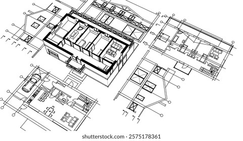 cottage planning sketch 3d illustration