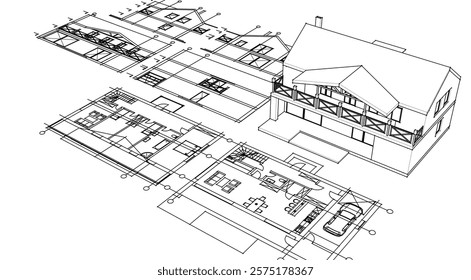 cottage planning sketch 3d illustration