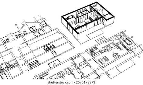 cottage planning sketch 3d illustration