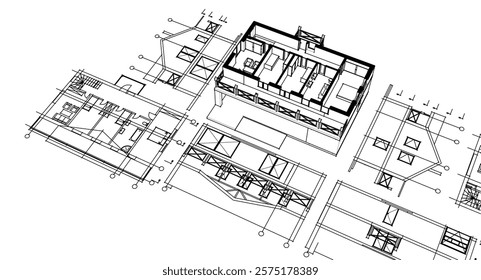 cottage planning sketch 3d illustration