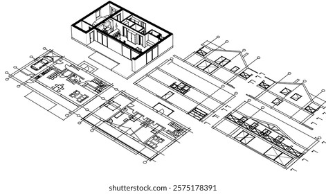 cottage planning sketch 3d illustration