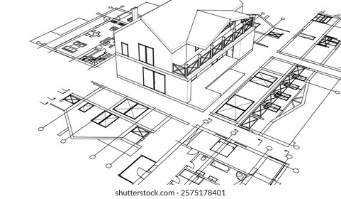 cottage planning sketch 3d illustration