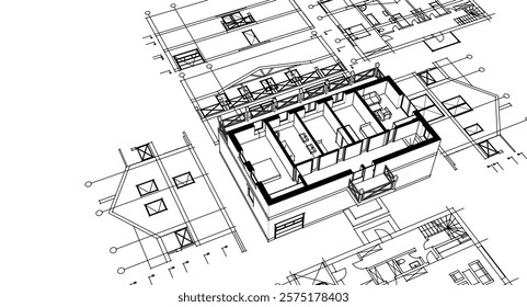 cottage planning sketch 3d illustration