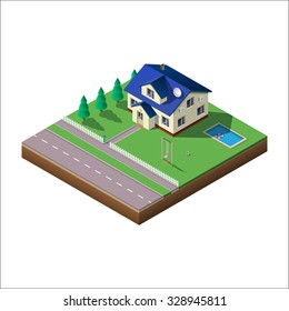 Cottage, for real  estate brochures. With yard, green grass, swimming pool, road, seesaw, mailbox, ground. Architecture, nature design elements and objects. Isometric illustration