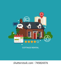 Cottage rental concept vector design element with small Georgian cottage as vacation home or guest house, location map, calendar, ratings and other property renting themed symbols