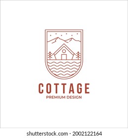 cottage riverside with pine tree and mountain at night time line art logo vector design