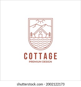 cottage riverside with pine tree and mountain at daytime line art logo vector design