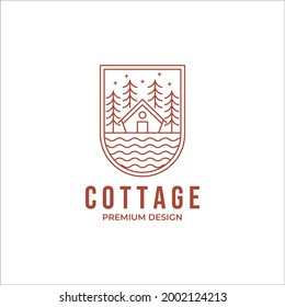 cottage riverside with pine tree at night time line art logo vector design