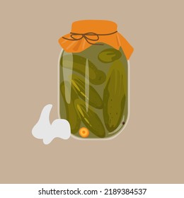 Cottage salted cucumbers in the bottle isolated on grey background. Cartoon vector illustration.