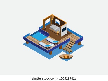 cottage in sea isometric concept design vector illustration