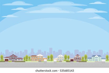 The cottage settlement on the suburb of the big city. Vector background
