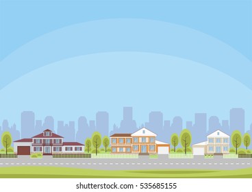 The cottage settlement on the suburb of the big city. Vector background