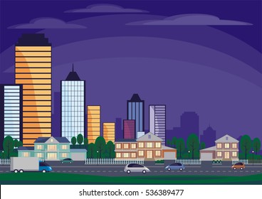 The cottage settlement on the suburb of the big city. Vector background