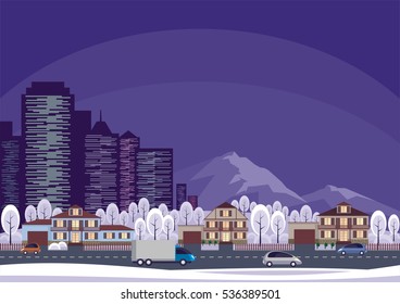 The cottage settlement on the suburb of the big city. Vector background