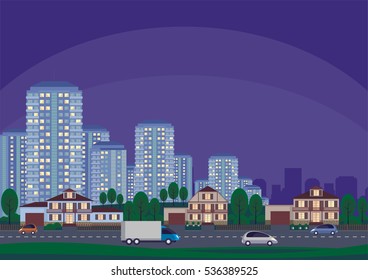 The cottage settlement on the suburb of the big city. Vector background