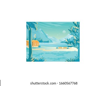 Cottage in Silence Magic Night Meadow among Trees and Spruces. Hill, Mountain Landscape and Moon on Sky Background. Empty Sand Place with Benches near Lake. Modern Flat Vector Illustration