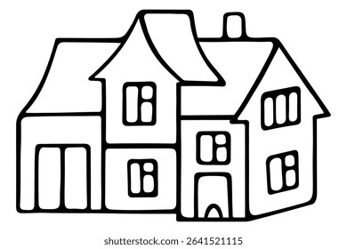 Cottage. Sketch. Vector illustration. Outline on isolated white background. Doodle style. Coloring book for children. Domestic office. Cozy place of residence. Modern mansion. Idea for web design.