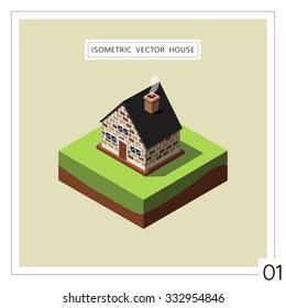cottage, a small house on the grass field with isometric minimal style, vector illustration.