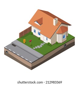 Cottage, Small Wooden House For Real Estate Brochures Or Web Icon. With Yard, Green Grass, Road, Mailbox, Fence, Ground. Isometric Vector EPS10