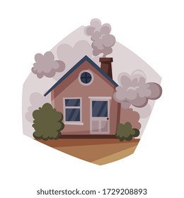 Cottage with Smoke Coming out from Chimney, Ecological Problem, Air Pollution Vector Illustration