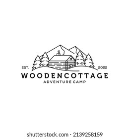 pintura de nieves de cabaña de árbol de la línea del bosque vectores diseño de imagen de logotipo minimalista, diseño de cabaña de madera