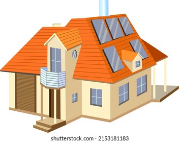 Cottage with solar panels on the roof of green house House modern trend cottage model Two-story building with solar panels for heating water  Vector