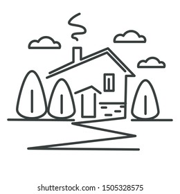 Cottage or suburban house in village, private building isolated icon vector. Trees and chimney, real estate selling and buying, dwelling rent. Exterior view, residential architecture and nature