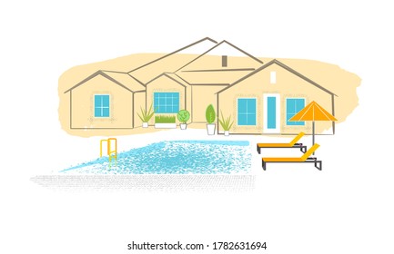 Cottage with a swimming pool, sun loungers and sunshade. Recreation area in the house, hotel, Spa. Vector sketch in a simple flat style.