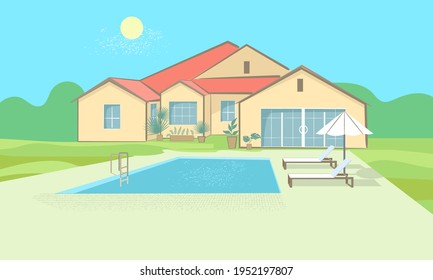 Hütte mit Swimmingpool, Liegestühlen und Sonnenschirm. Erholungsbereich im Haus, Hotel, Spa. Vektorgrafik in einem einfachen, flachen Stil.